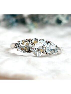 Blue Aquamarine Triple Heart Cut Sterling Silver 925 Vintage Ring - sz 9